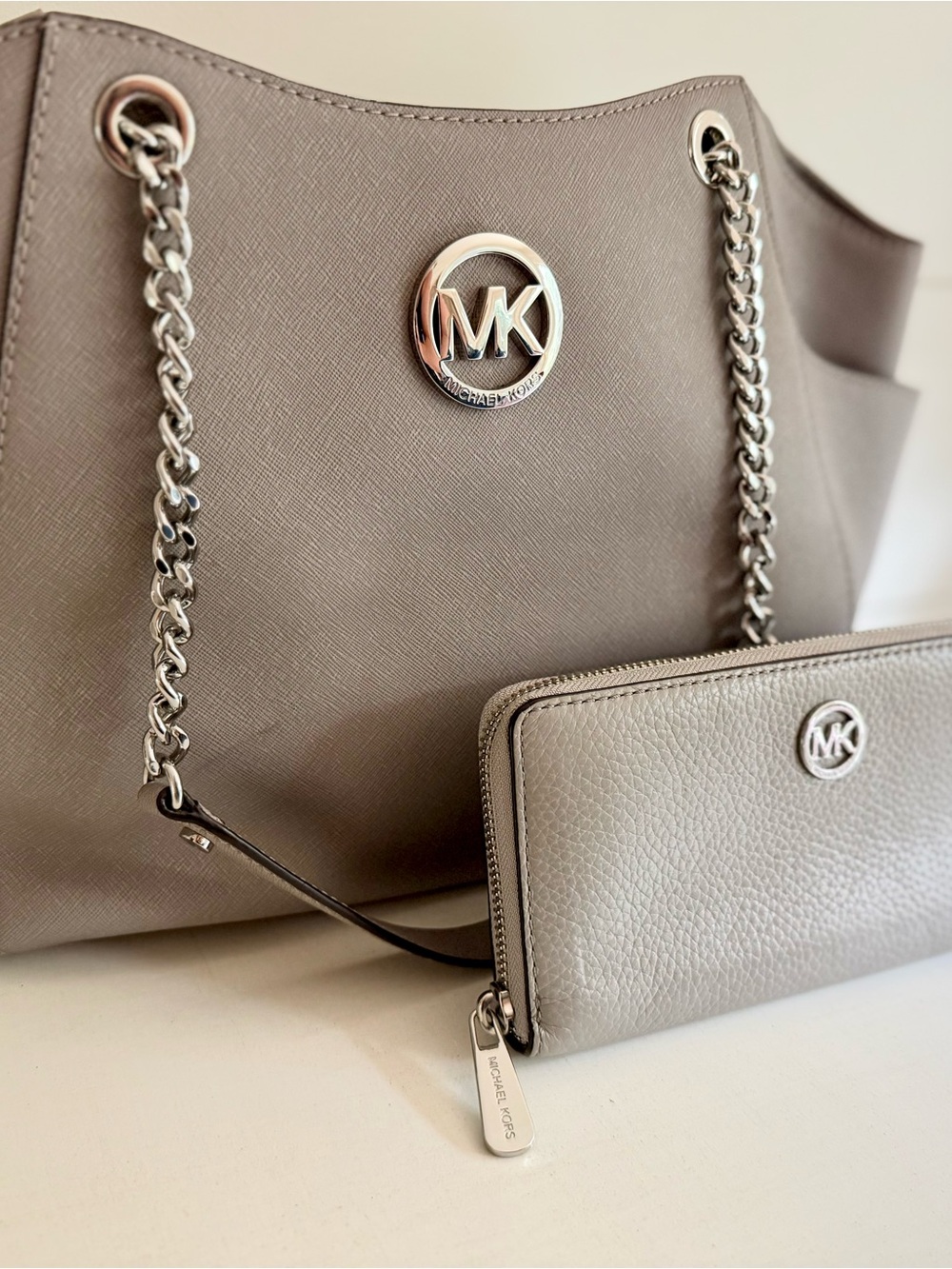 Michael Kors Saffiano Leather Tote with Matching Wallet in Pearl Gray